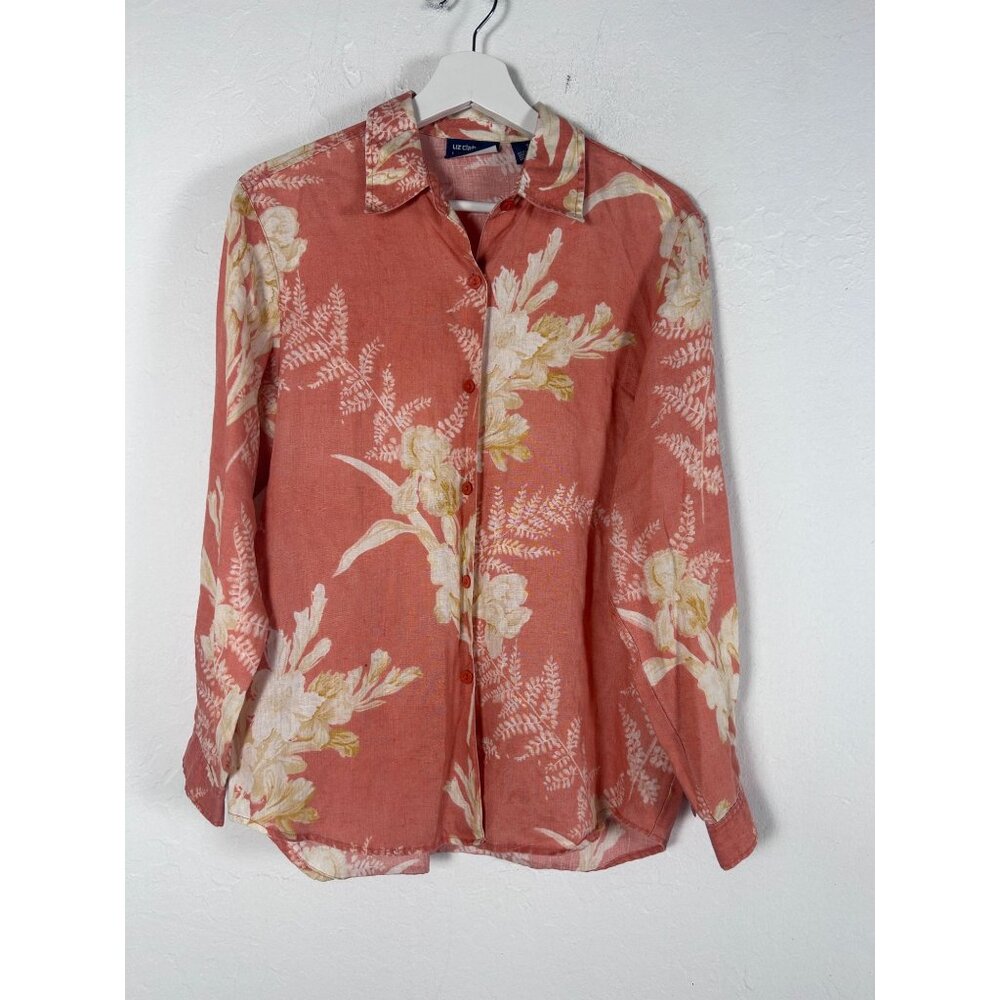 Liz Claiborne Lizsport Womens Floral Coral Linen Button-Up Shirt Petite Small